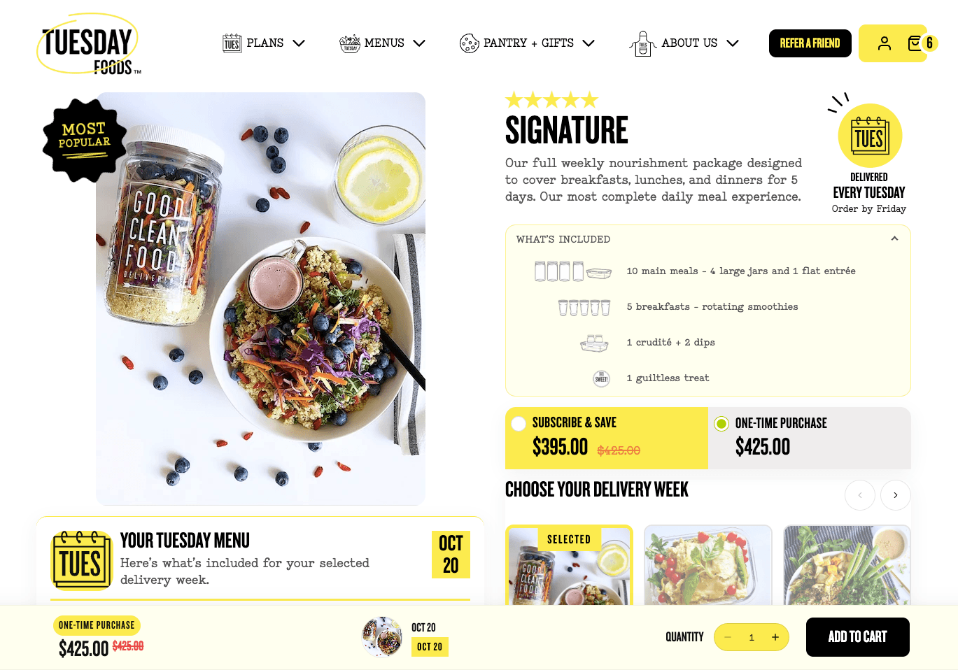 Tuesday Foods Signature plan with subscription options and delivery week selection
