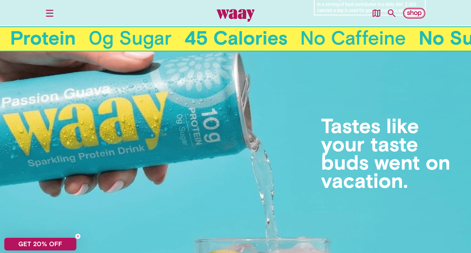 WAAY brand storytelling section featuring Passion Guava photography and bold typography