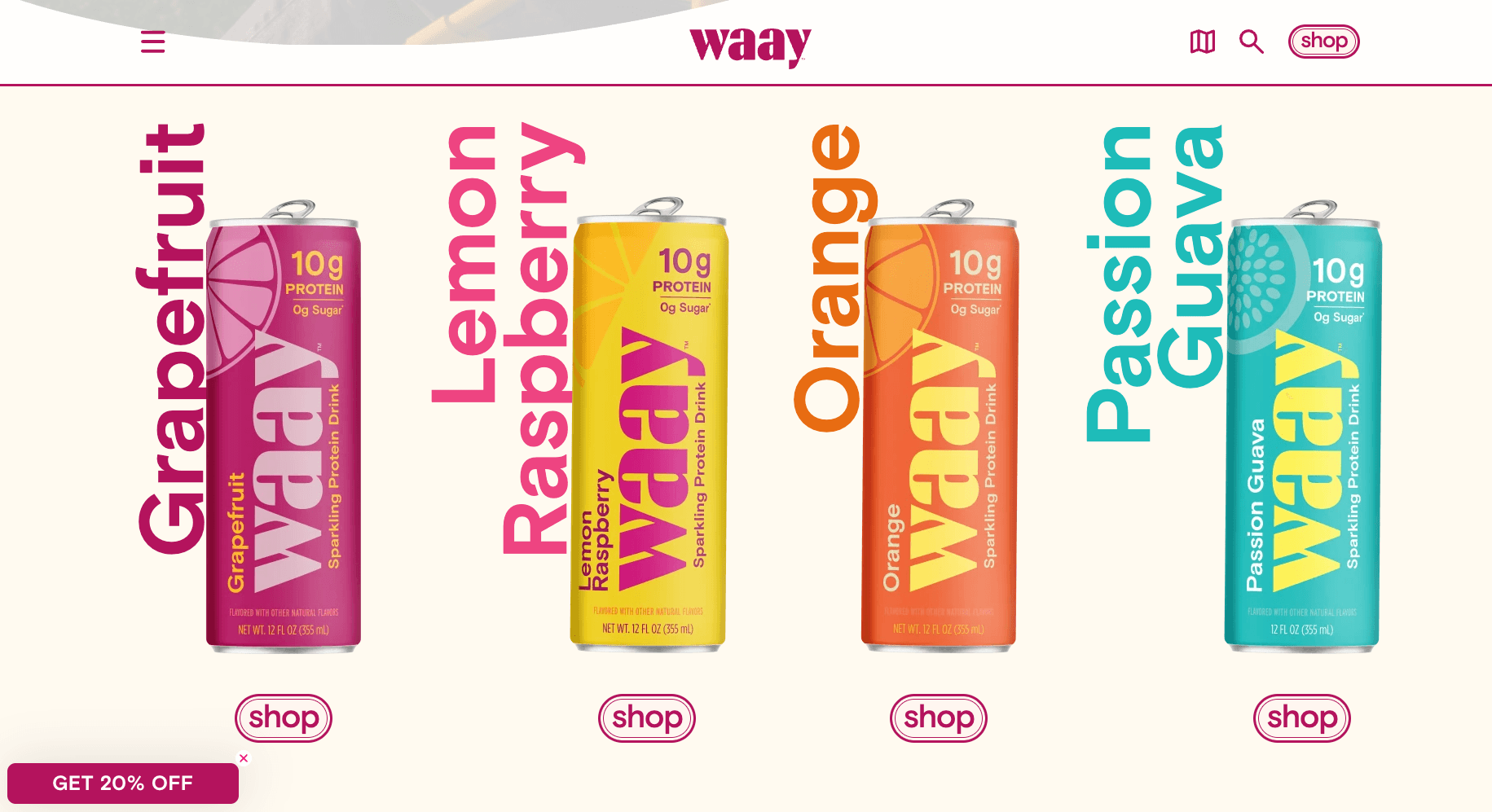 WAAY flavor lineup with Grapefruit, Lemon Raspberry, Orange, and Passion Guava cans