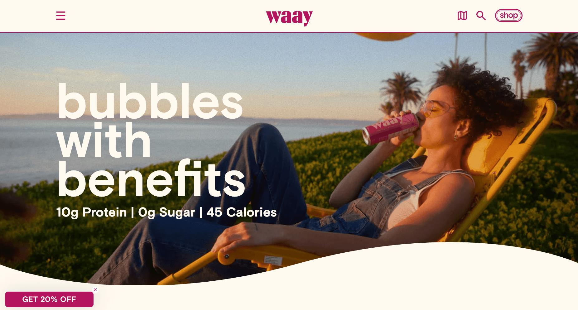 WAAY homepage featuring its sparkling protein drink and lifestyle photography