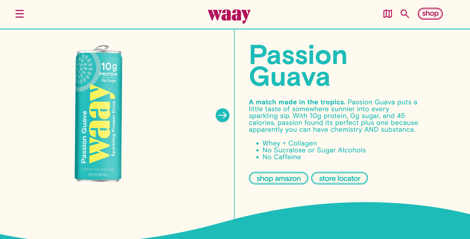 WAAY Passion Guava product page with product information, Amazon link, and store locator